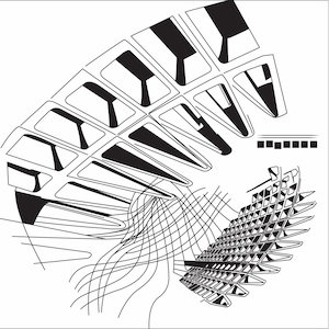 Analog Tara Dimensions album cover with abstract black-and-white line drawing inspired by DC Metro architecture. Art by Joyce, 1432 R.