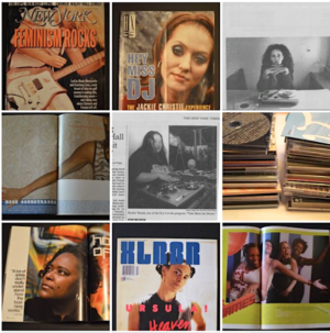 Selections from the Pink Noises archive. Magazine features shown include DJ Jackie Christie, Beth Coleman, Riz Maslen, Kuttin Kandi, K Hand, Ursula Rucker, and Chicago's Superjane collective.