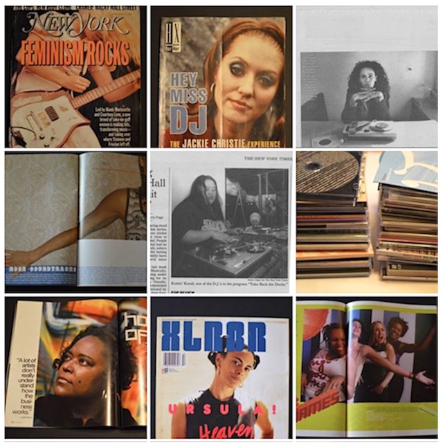 Selections from the Pink Noises Collection at NYU Fales Library. Magazine features shown include DJ Jackie Christie, Beth Coleman, Riz Maslen, Kuttin Kandi, K Hand, Ursula Rucker, and Chicago's Superjane collective (DJ Heather, Colette, Lady D, Dayhota).