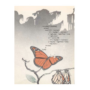 Cover image for Tara Rodgers, Butterfly Effects, showing code overlaying a vintage drawing of monarch butterflies