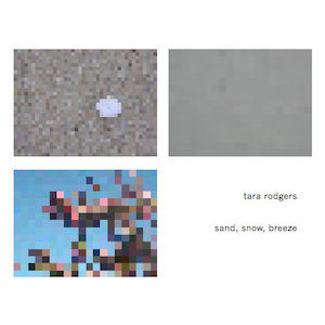 Cover for Tara Rodgers noise album sand snow breeze with pixelated images of a stone, a beach, and a tree with pink blossoms
