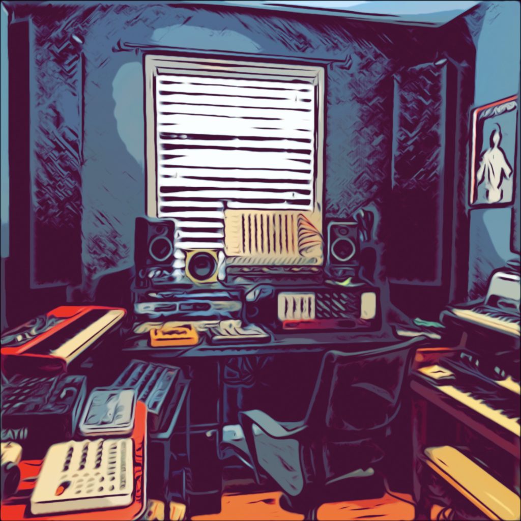 A comic-book style sketch of Tara Rodgers Studio. A small room with blue-gray walls, red keyboard and drum machines on the left side, vintage silver-top Rhodes and Hammond organ on the right side, and more drum machines, speakers, and outboard recording gear on a desk in front of a window straight ahead. Laurie Anderson shown on the Big Science album cover watches over the space from the right-side wall.
